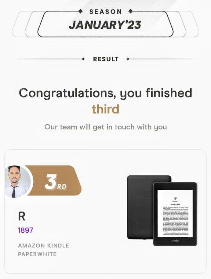 Result screen from Unacademy's Nextlevel challenge showing a third-place finish in the January 2023 season